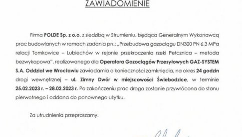 Informacja o zamknięciu ulicy Zimny Dwór w Świebodzicach