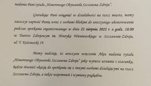 Iwona Czech utytułowana Honorowym Obywatelem Szczawna-Zdroju