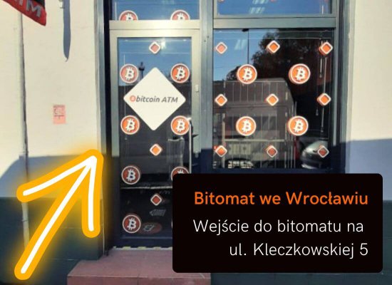 zaznaczone wejście do punktu Bitomat Wrocław na ul. Kleczkowskiej, zdjęcie, infografika