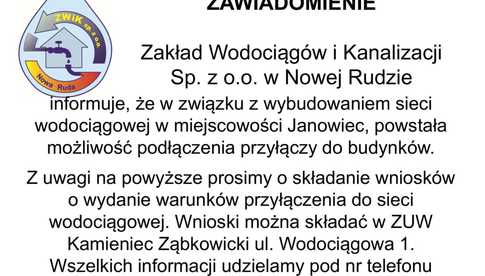 Zawiadomienie ZWiK w Nowej Rudzie dla mieszkańców Janowca