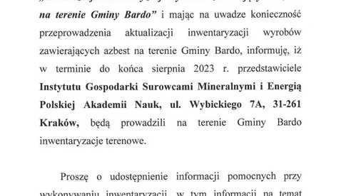 Informacja dotycząca inwentaryzacji wyrobów zawierających azbest na terenie gminy Bardo